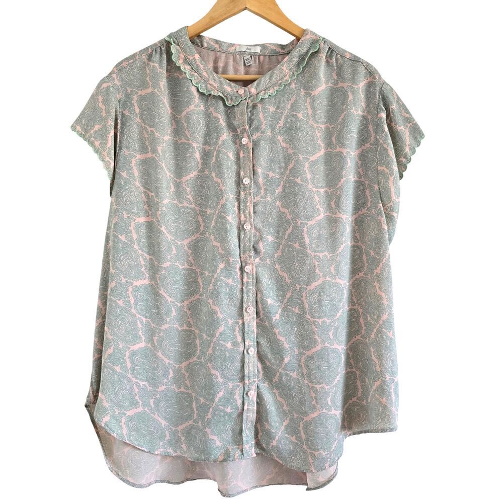Joie Short Sleeve Scallop Edge Top in Paisley Stamp Pink Green Blouse Size XXL